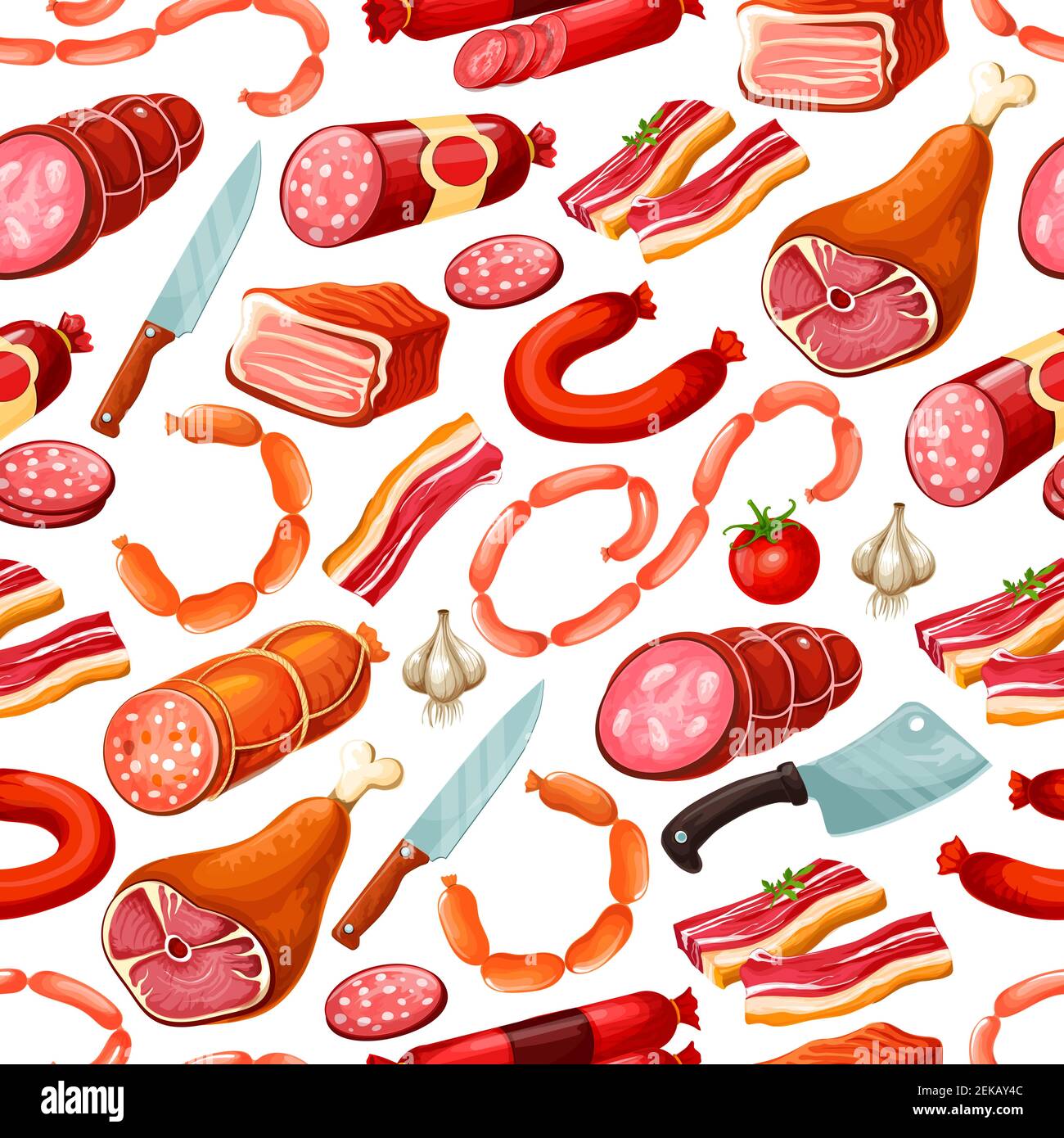 Butcher shop farm meat and natural sausages seamless pattern. Vector background of butchery meat gastronomy, salami sausage, beef steak and pork ham, Stock Vector