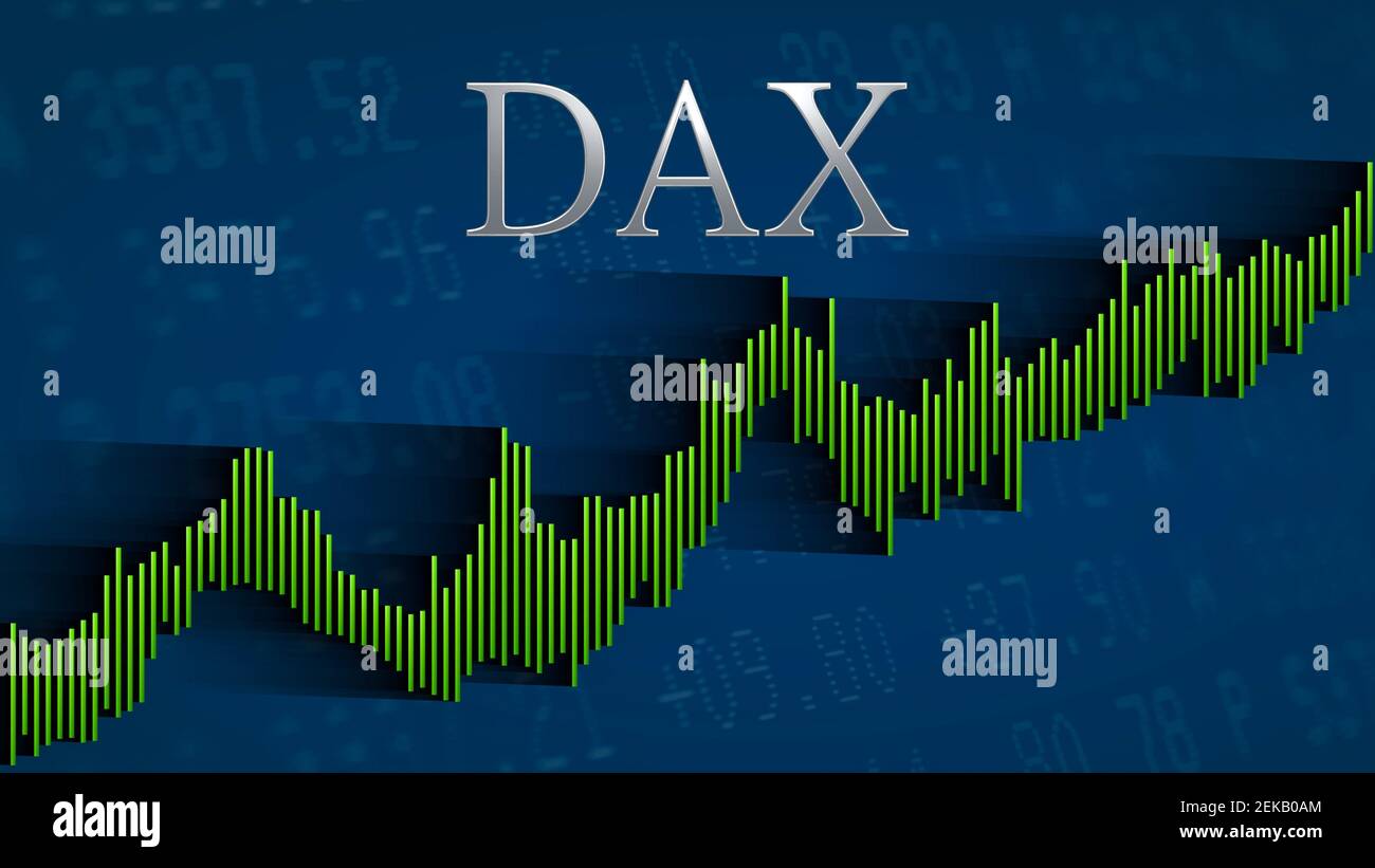 The German blue chip stock market index Dax keeps rising. The green  ascending bar chart on a blue background with the silver headline indicates  a Stock Photo - Alamy