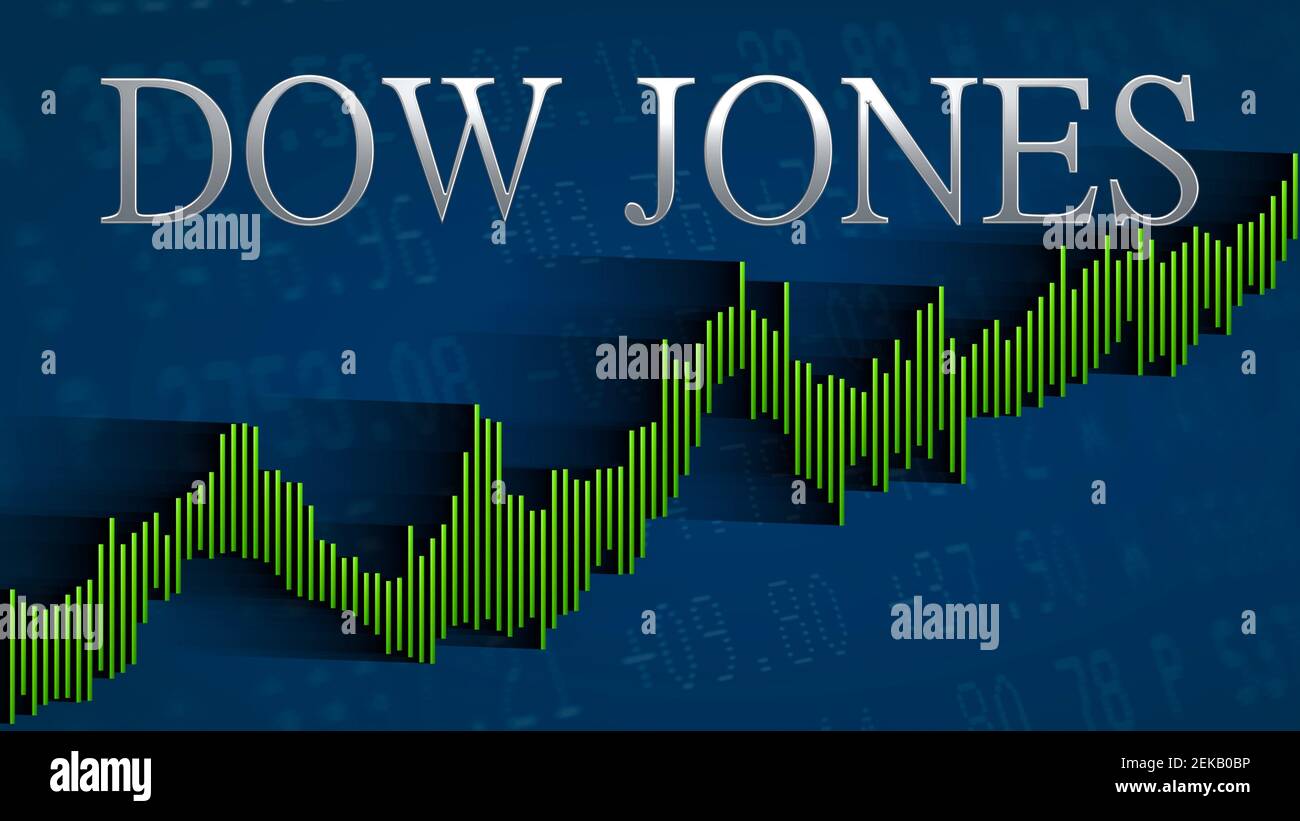 The American stock market index Dow Jones keeps rising. The green ascending bar chart on a blue background with the silver headline indicates a... Stock Photo