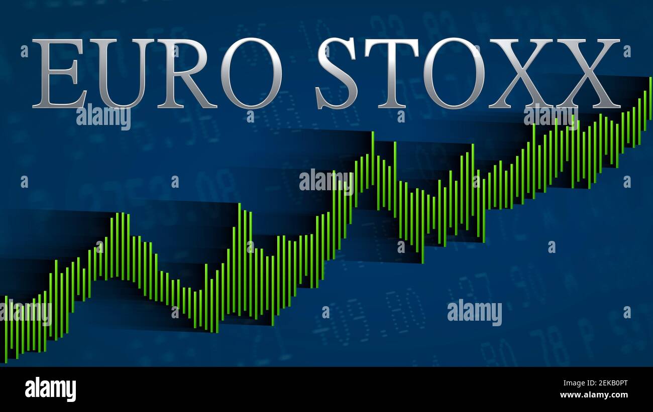 The EURO STOXX, a stock market index of the Eurozone keeps rising. The green ascending bar chart on a blue background with the silver headline... Stock Photo