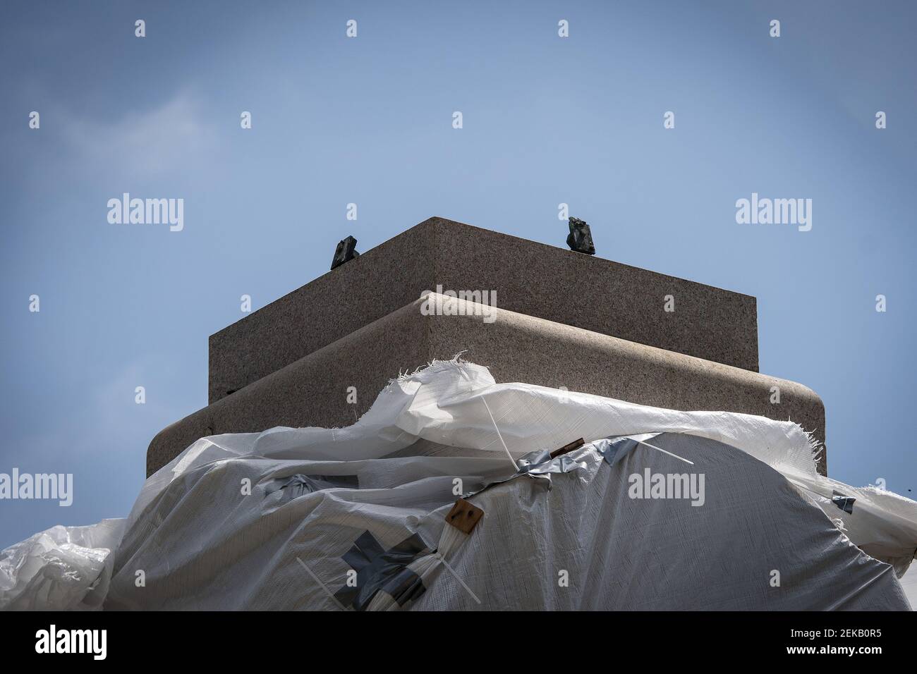 The pedestal of the Christopher Columbus statue in Chicago’s Grant Park