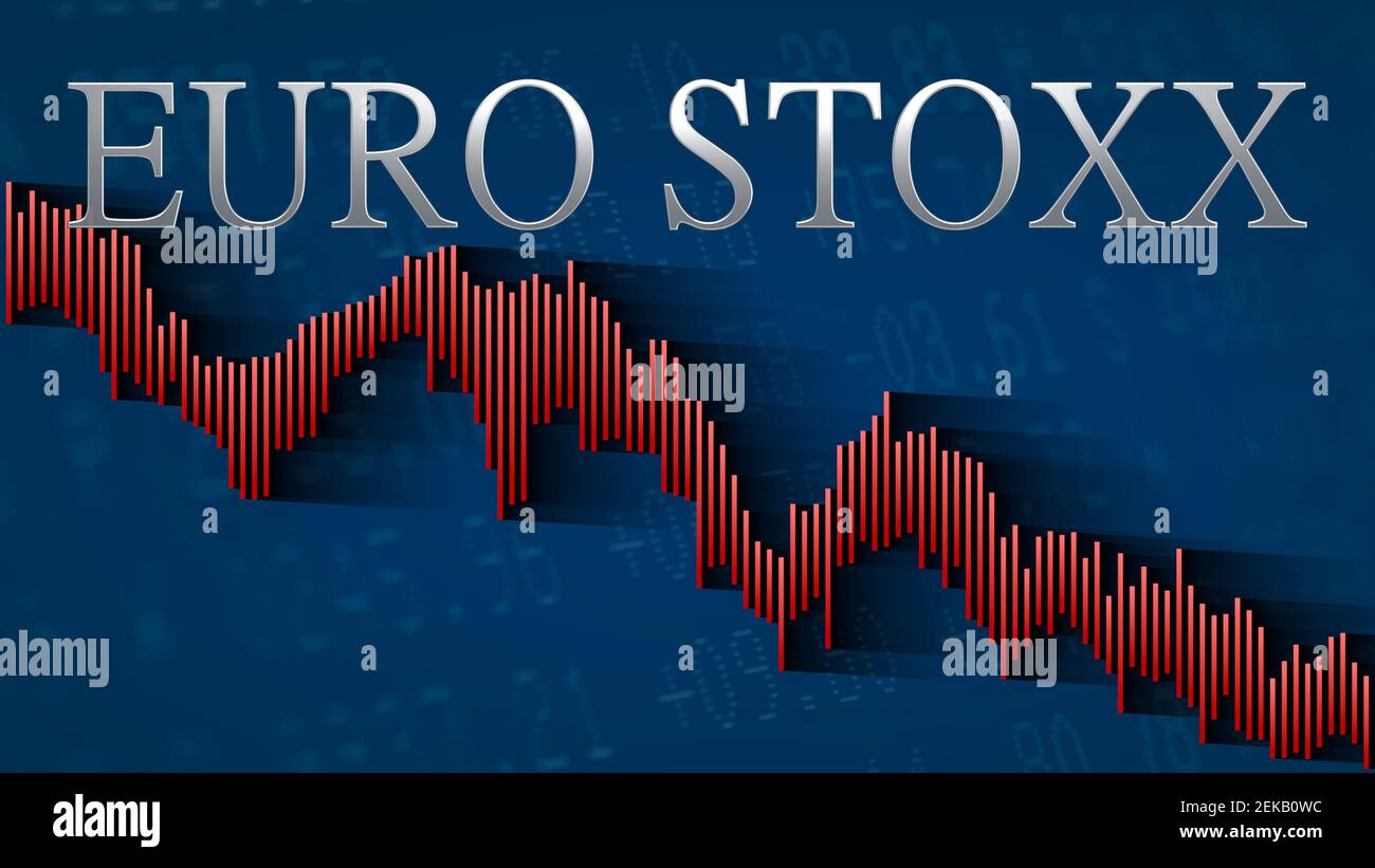 The EURO STOXX, a stock market index of the Eurozone keeps falling. The red descending bar chart on a blue background with the silver headline... Stock Photo