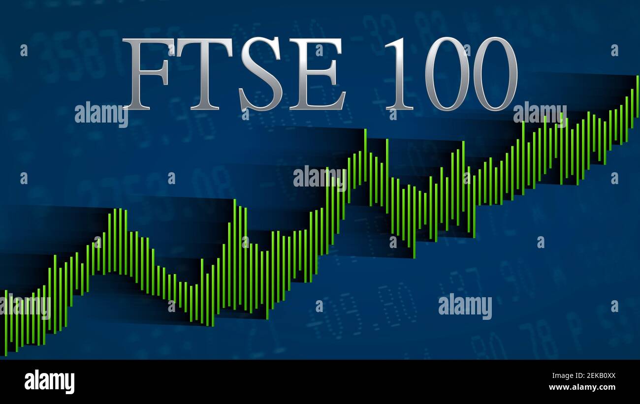 The British stock market index FTSE 100 keeps rising. The green ascending  bar chart on a blue background with the silver headline indicates a bullish  Stock Photo - Alamy