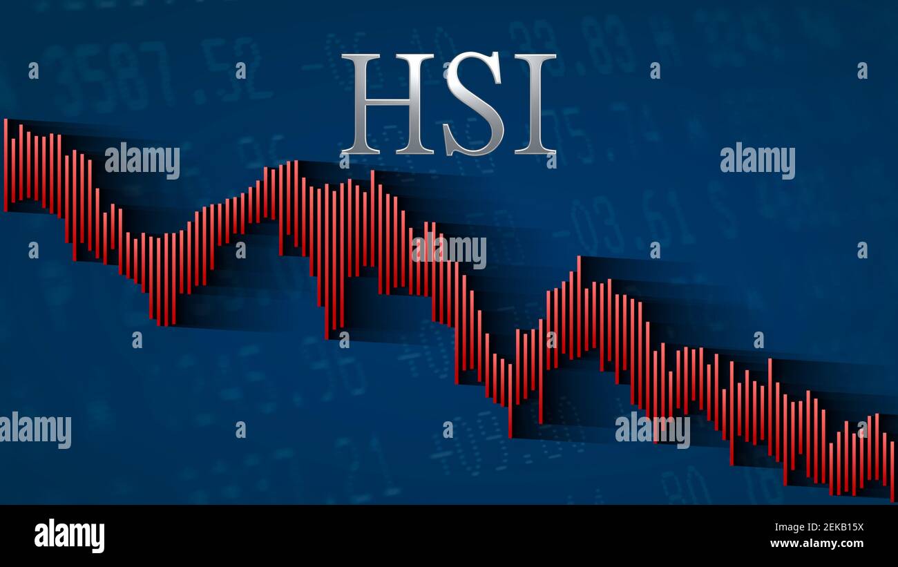 The Hong Kong stock market index Hang Seng Index or HSI keeps falling. The  red descending bar chart on a blue background with the silver headline  Stock Photo - Alamy