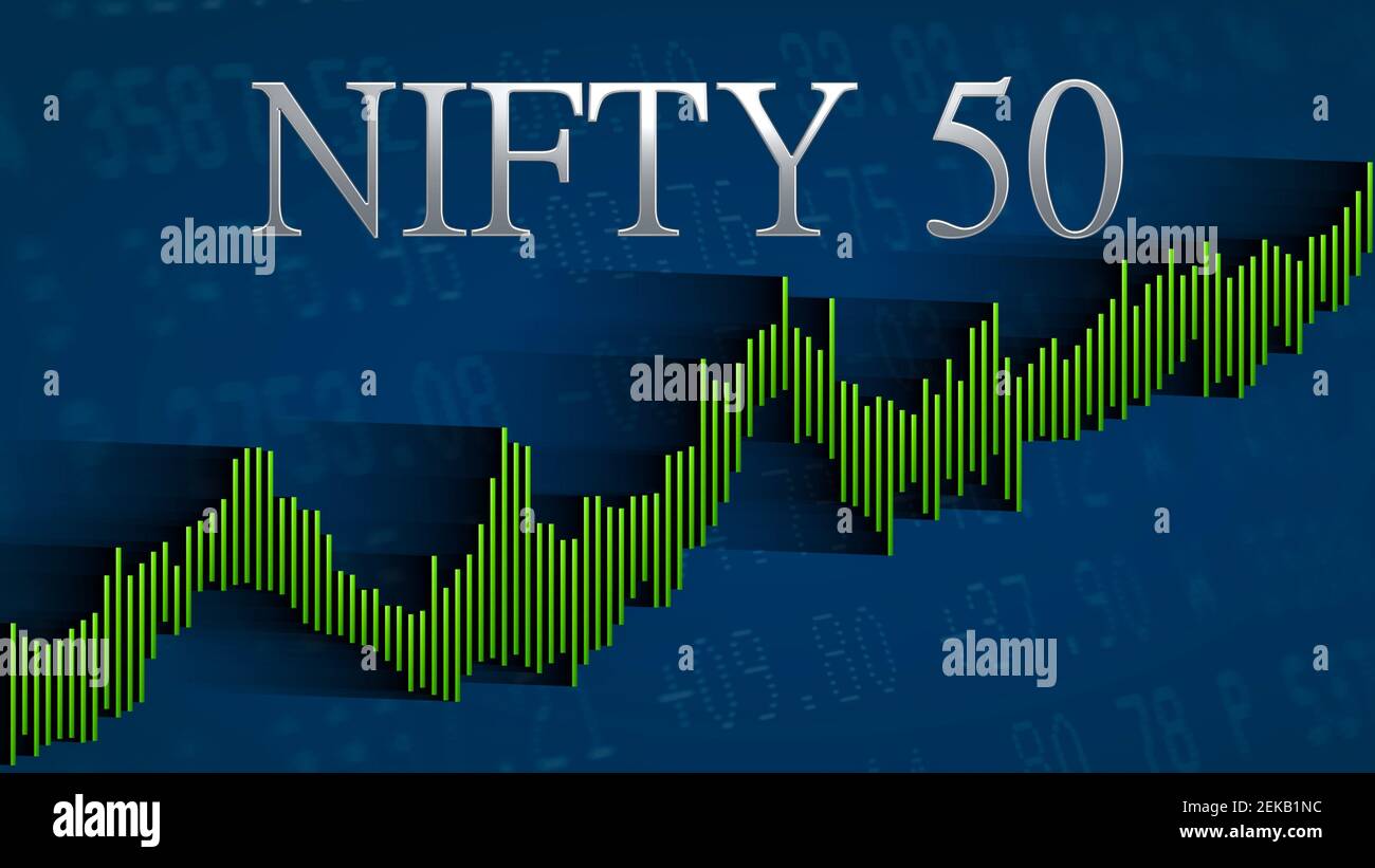 The stock market index NIFTY 50, National Stock Exchange of India, keeps rising. The green ascending bar chart on a blue background with the silver... Stock Photo