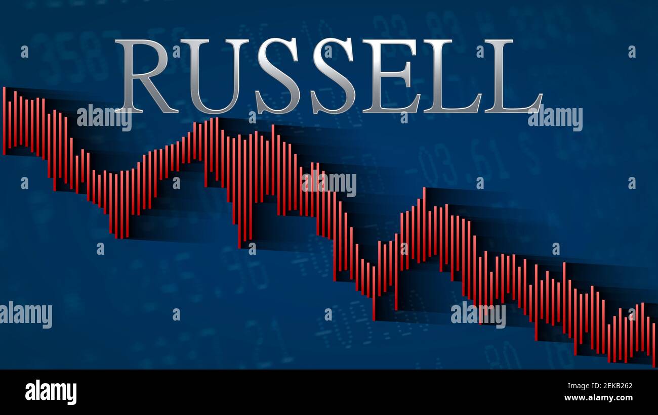 The Russell US stock market index keeps falling. The red descending bar chart on a blue background with the silver headline indicates a bearish market. Stock Photo