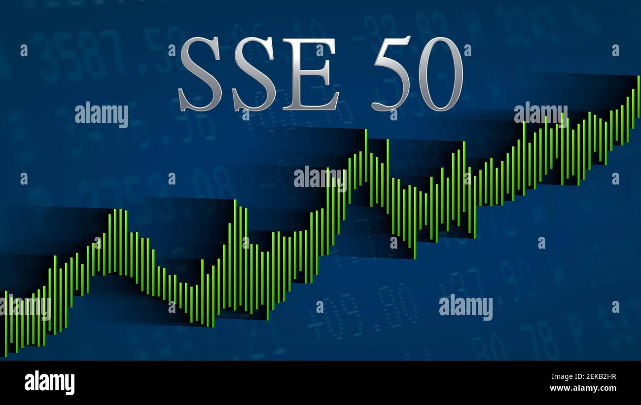 The China stock market index SSE 50 of Shanghai Stock Exchange keeps rising. The green ascending bar chart on a blue background with the silver... Stock Photo