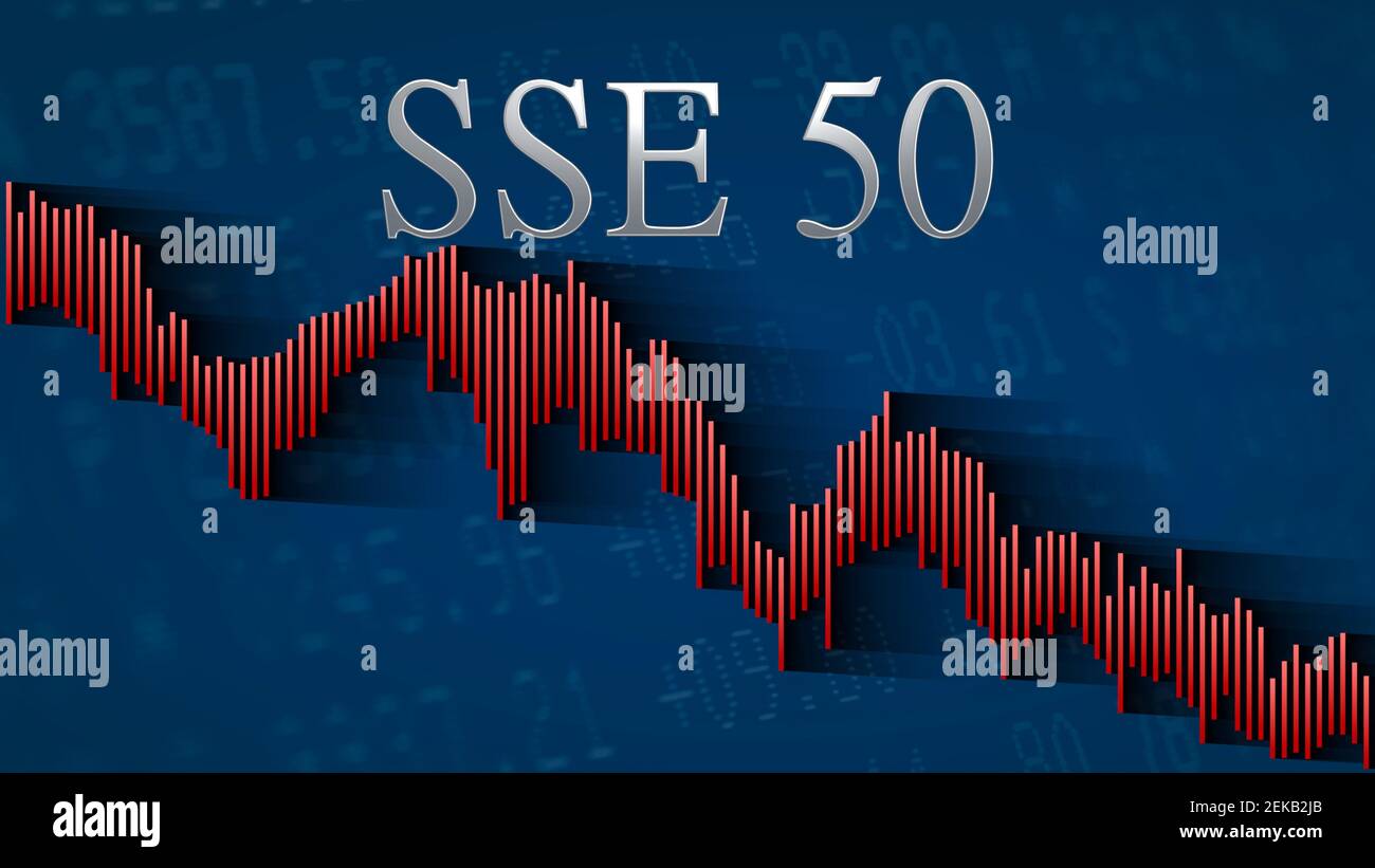 The China stock market index SSE 50 of Shanghai Stock Exchange keeps falling. The red descending bar chart on a blue background with the silver... Stock Photo