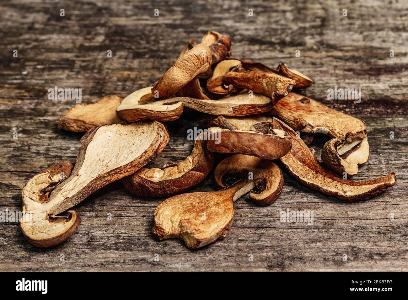 Forest dried edible mushrooms. Dehydrated slices, exquisite ingredient