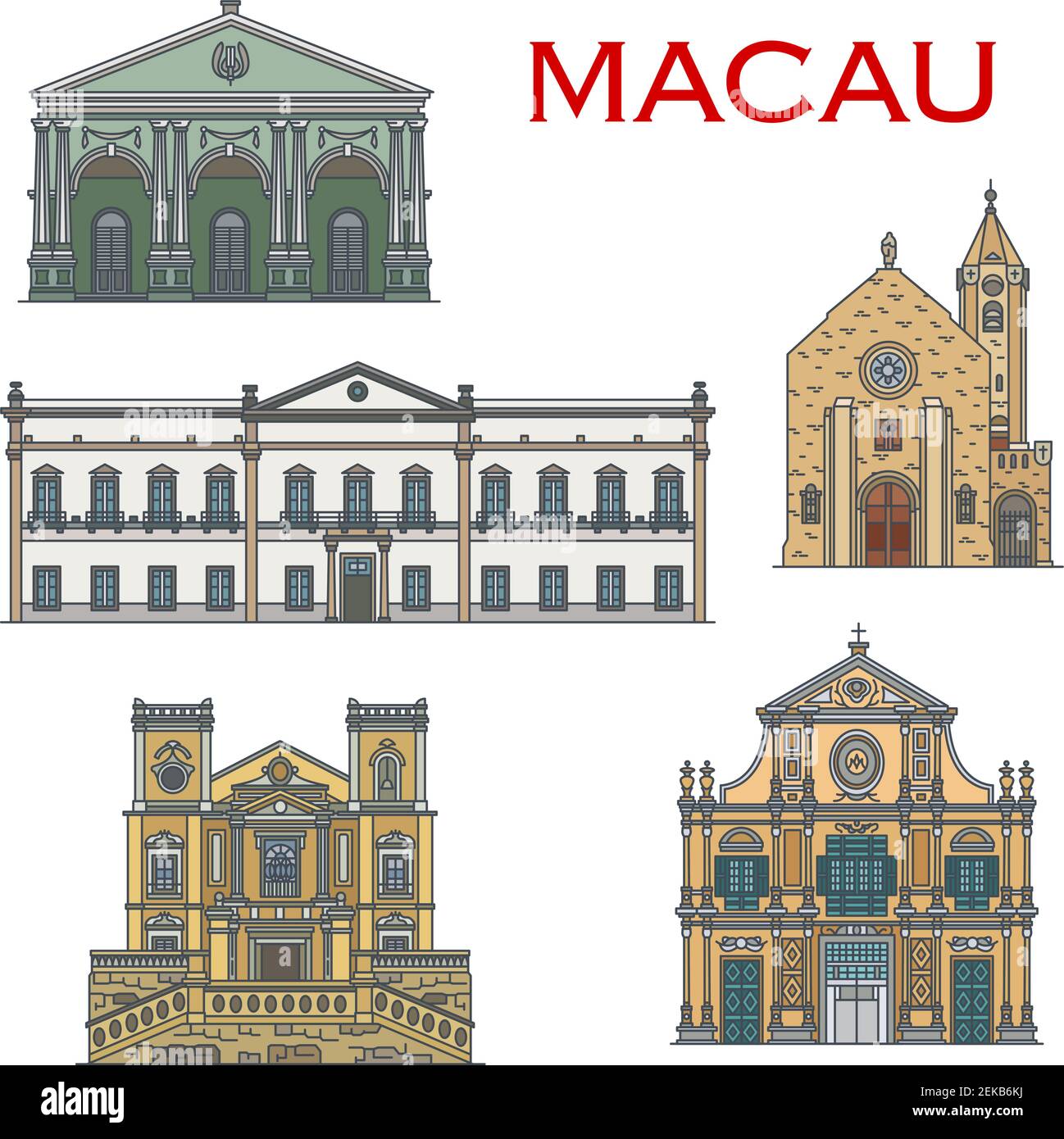 Macau architecture and famous Portuguese heritage landmark buildings. Macao Penha Chapel, Saint Lawrence and St Dominic church, Dom Pedro Theater and Stock Vector