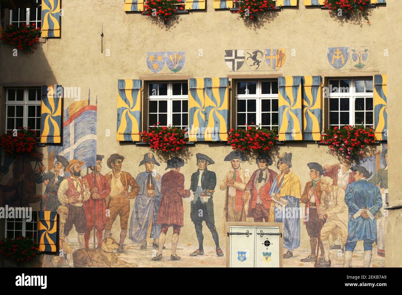 Maienfeld, Switzerland. Mural on the town hall: "Transfer of legal authority to the last governor, Jacob Ulrich Sprecher von Bernegg, 1797" Stock Photo