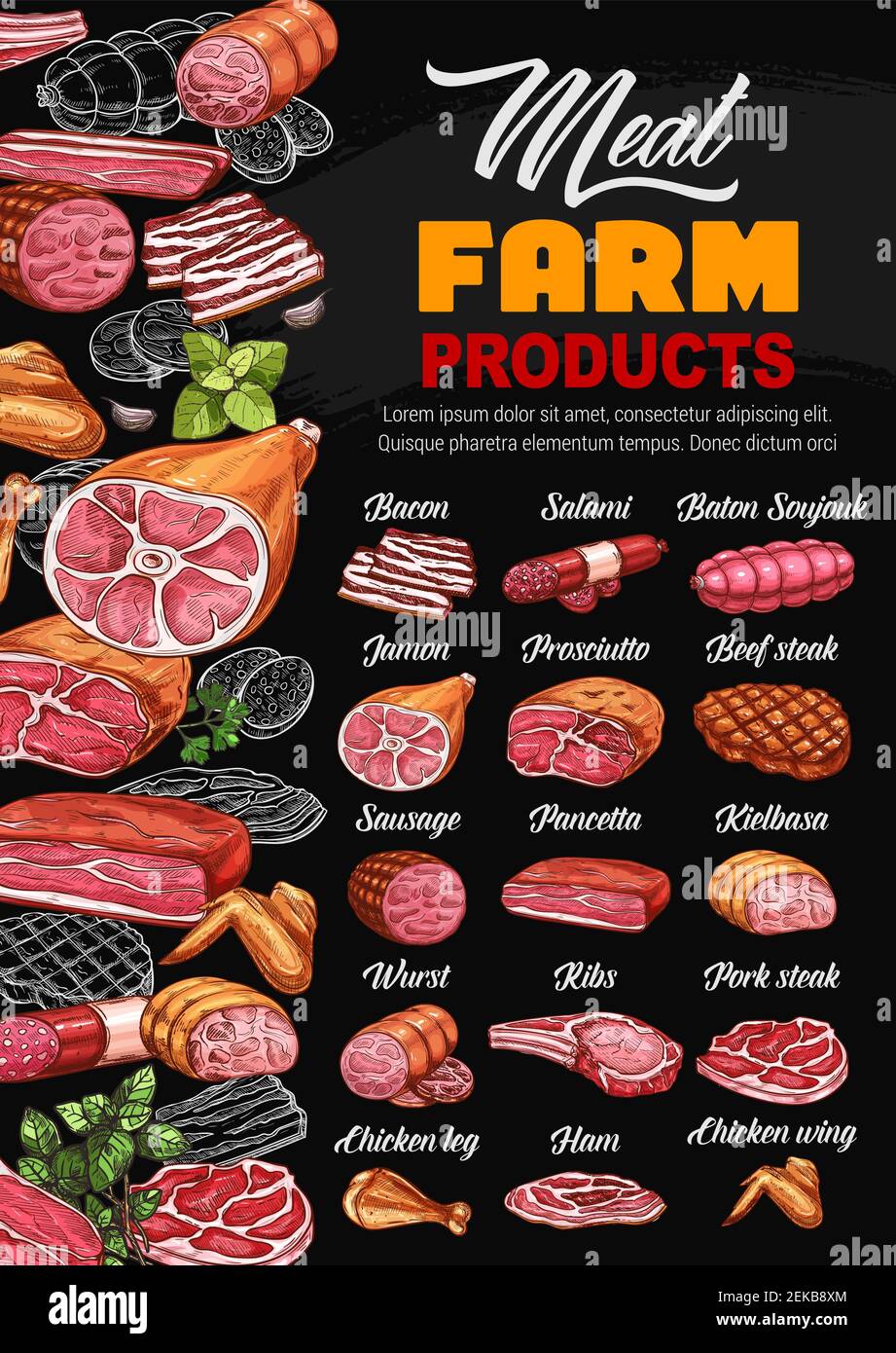 Butcher shop meat and sausages menu price. Vector farm butchery bacon, salami sausage and soujouk baton, jamon or prosciutto and beef steak, mutton ri Stock Vector