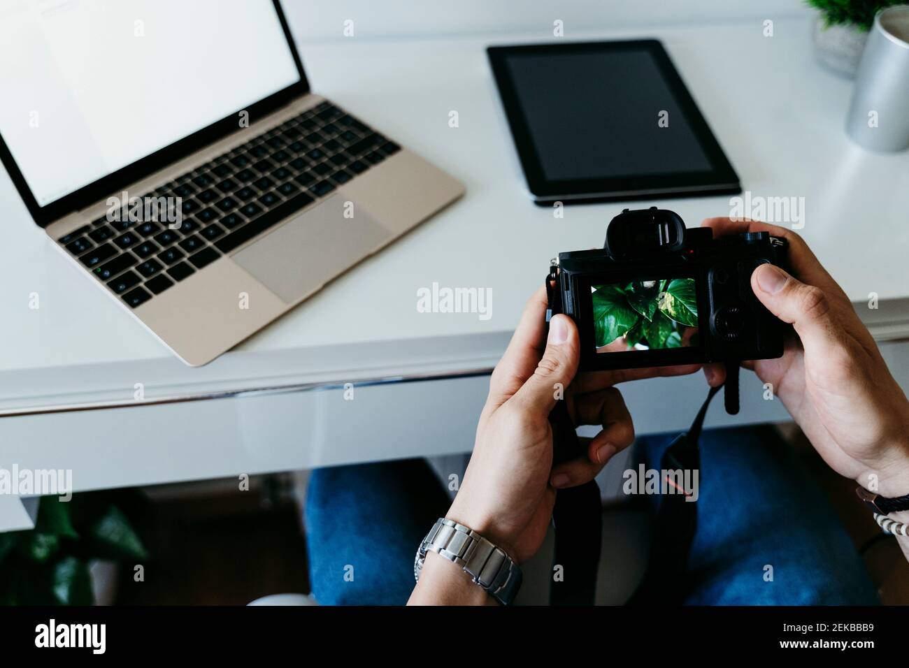 Man working with camera and laptop at home Stock Photo