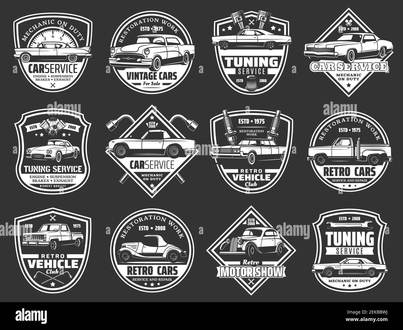 Car repair, retro vehicle tuning and auto service vector badges. Vintage  cars with motor engine spare parts, wrench and spanner, pistons, spark  plugs Stock Vector Image & Art - Alamy