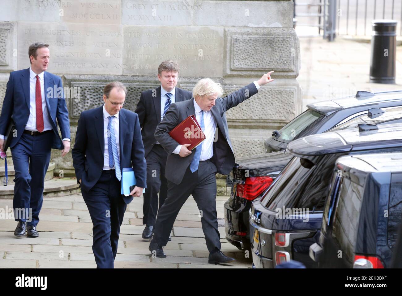 London, England, UK. 23rd Feb, 2021. UK Prime Minister BORIS JOHNSON is  seen leaving Foreign and Commonwealth Office after chairing the UN Security  Council session on climate and security in a virtual