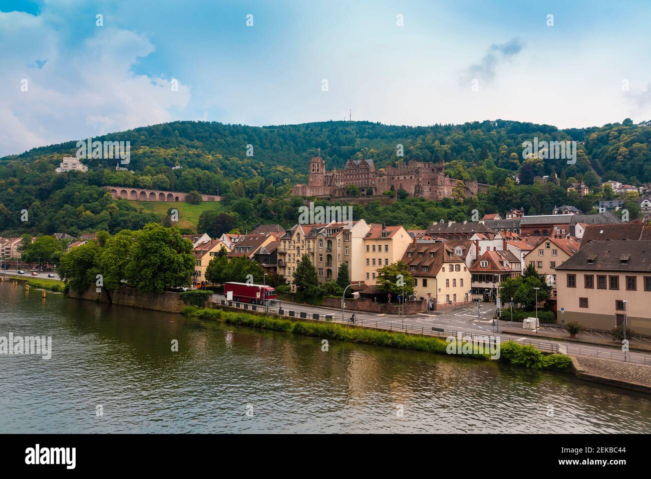 Germany, Baden-Wurttemberg, Heidelberg, Bank of Neckar with old town buildings and Heidelberg Castle in background Stock Photo