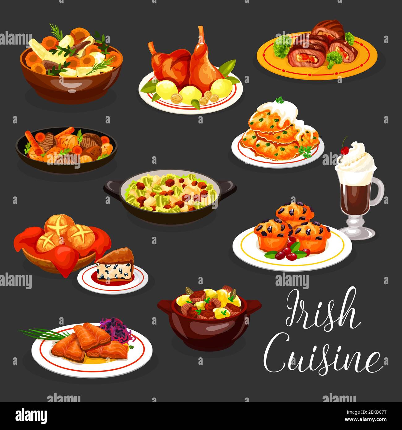 Irish cuisine vector fish and meat with coffee and dessert. Salmon with red cabbage salad, potato pancake, lamb and rabbit vegetable stews, stuffed be Stock Vector