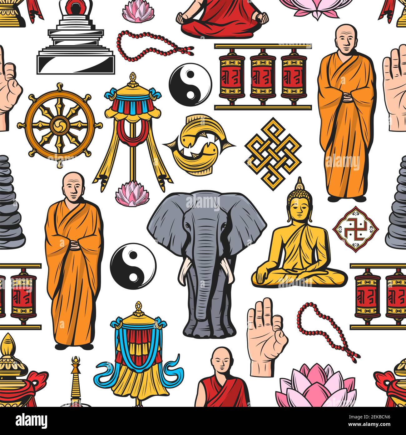 Buddhism Symbols Meditation And Buddhist Religion Seamless Pattern Buddhism Symbols Meditation And Buddhist Religion Seamless Pattern
