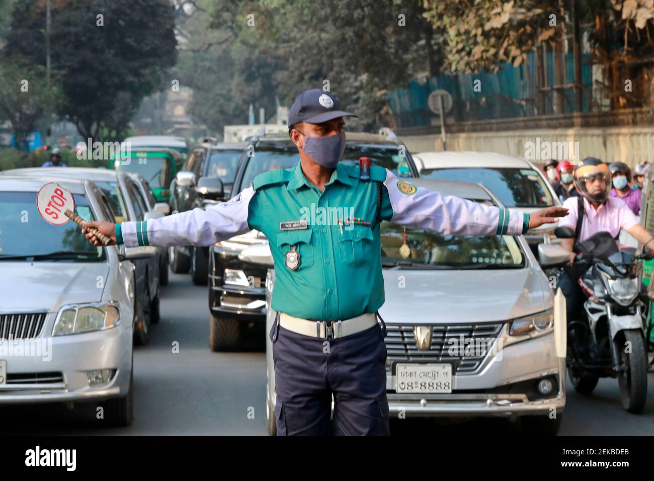 Dhaka, Bangladesh February 23, 2021 The traffic police is