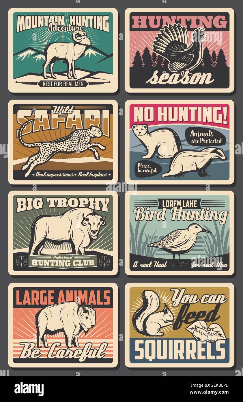 Hunting open season and wild animals poaching warning vintage posters.  Vector hunter cub outdoor adventure, wildfowl bird, African safari cheetah  and Stock Vector Image & Art - Alamy