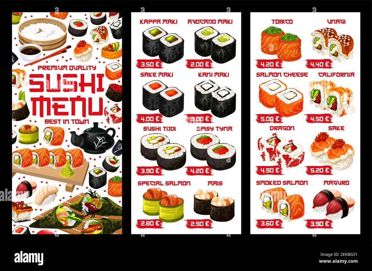 Sushi Japanese bar and Asian restaurant menu price. Vector Japan food fish  maki, salmon California sushi and seafood or tuna rolls menu set, rice, was  Stock Vector Image & Art - Alamy