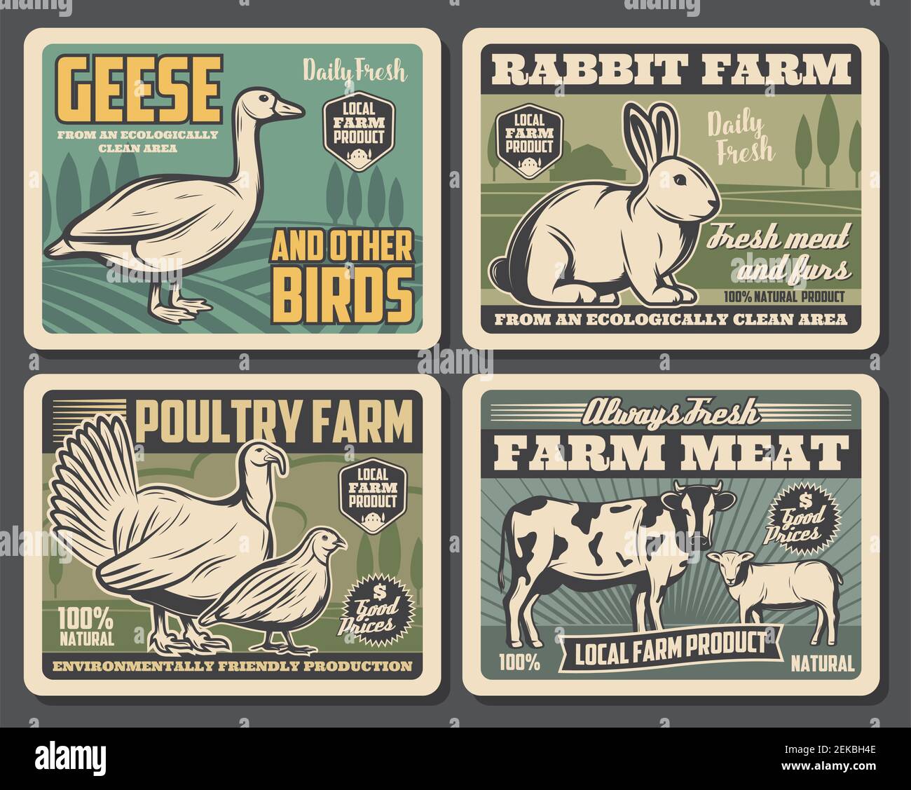 Farm food products, cattle farm meat and fowl food production. Vector vintage farming butchery