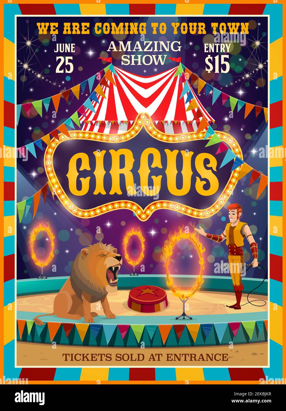 Big top circus entertainment show poster. Vector circus amusement carnival performance, tamer with lion animal on pedestal jumping in fire rings on ar Stock Vector