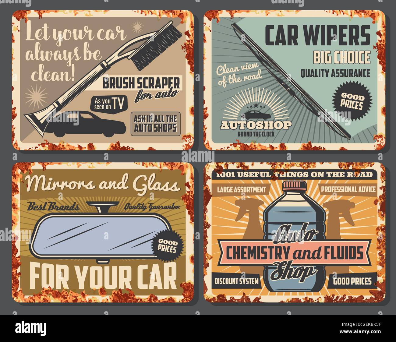 Car accessories, vehicle spare parts and auto fluids shop rusty vintage  posters. Vector windshield winter scraper, wiper blade and rear-view  mirror, e Stock Vector Image & Art - Alamy