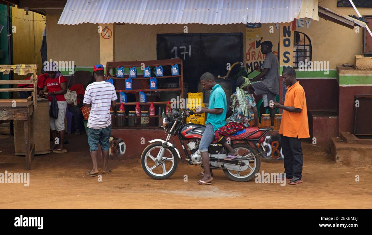 Busy market street Monrovia Liberia. West Africa is a historical country with dark history Civil wars, Ebola and COVID and economic failures. Poverty. Stock Photo
