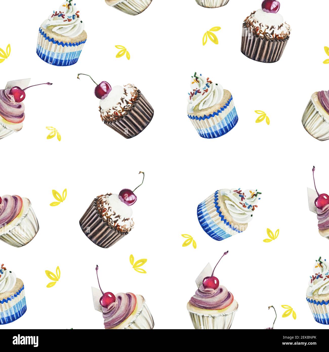seamless pattern of cupcakes watercolor painting isolated on white ...