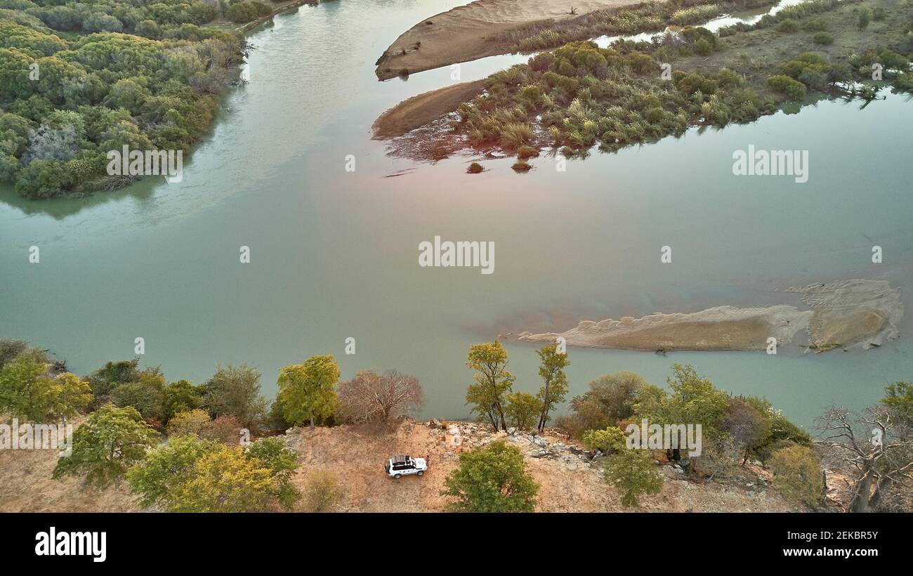 Aerial view of a jeep on viewpoint, Cunene river area, Angola Stock Photo