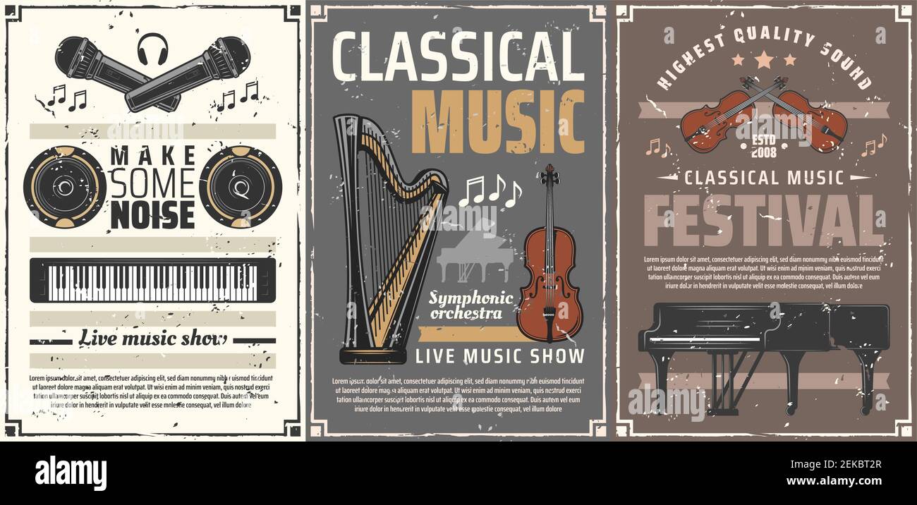 Musical instruments retro posters of classic music festival, live