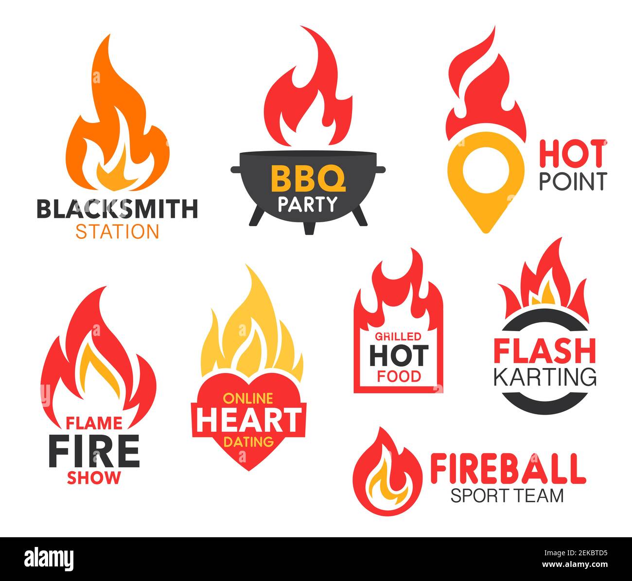 Fire flame vector icons of hot fireballs and burning blaze. Bbq party,  grilled food and sport team, fire show, hot point and online heart dating,  blac Stock Vector Image & Art -
