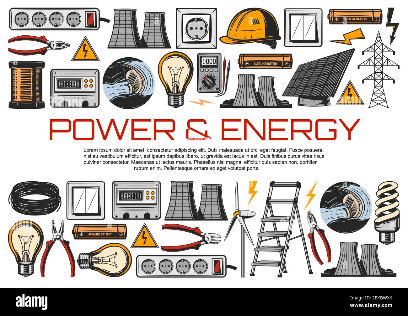 Electric power industry and electrical service vector design. Energy meter, wire and light bulbs, cable, electrician voltmeter and pliers, solar panel Stock Vector