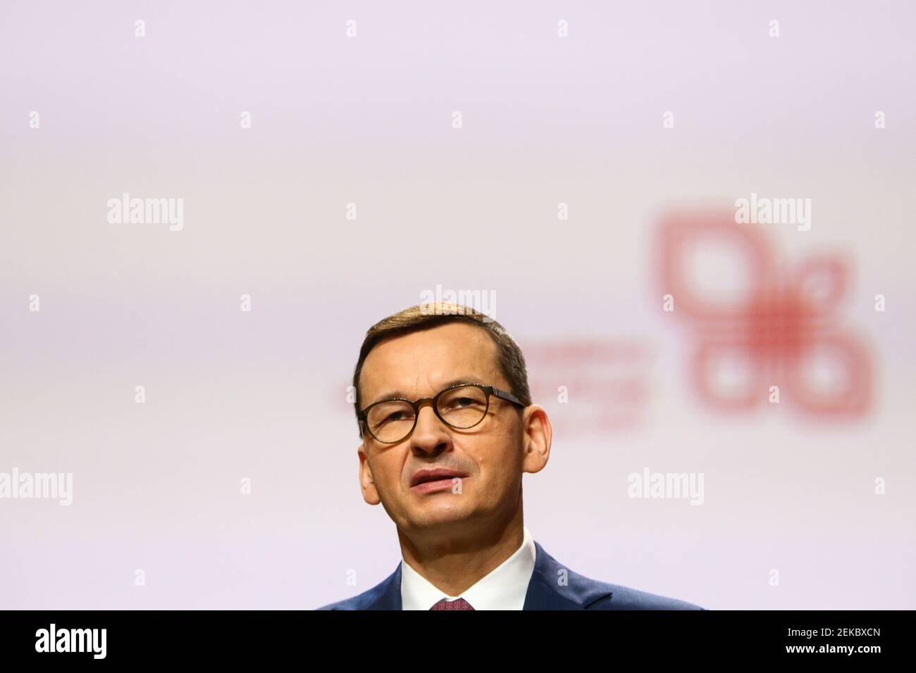 Polish Prime Minister Mateusz Morawiecki speaks during press conference.  Summit of Heads of Government of the Visegrad Group (V4) on the occasion of Stock Photo