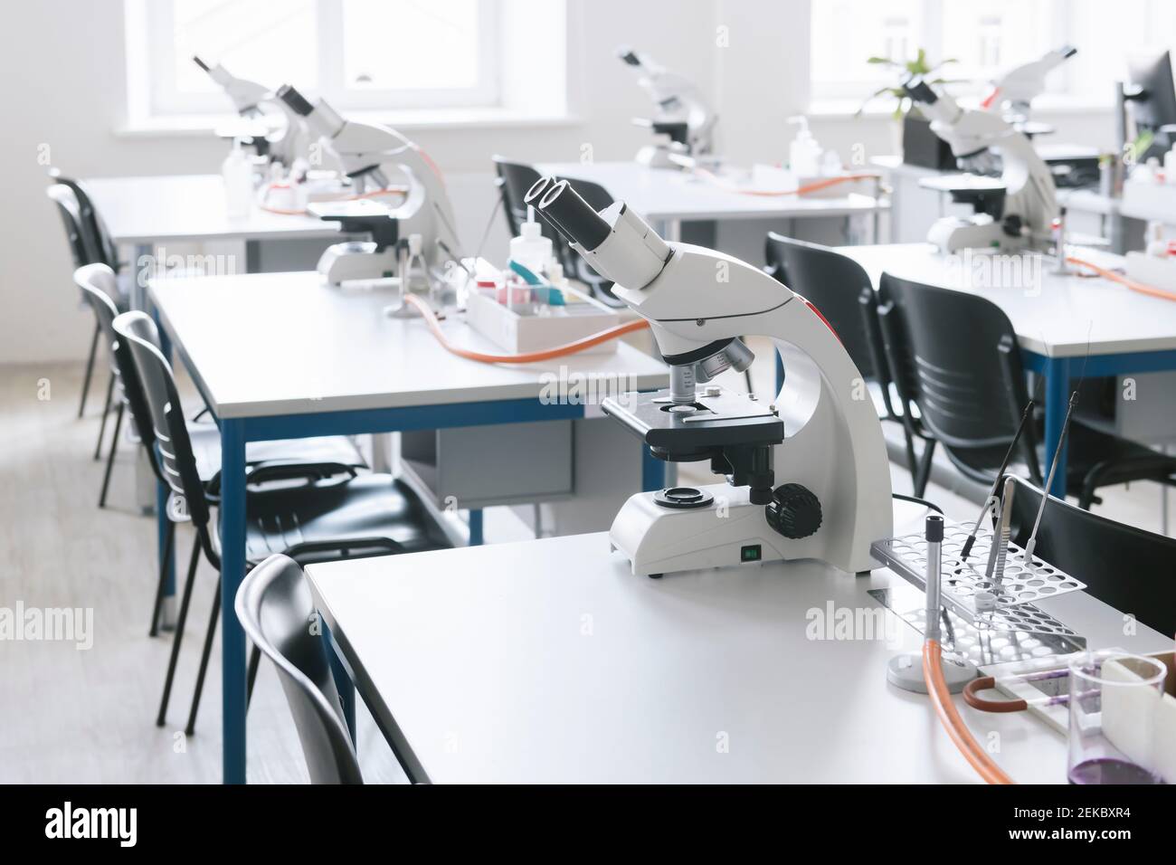 Microscopes in a science lab classroom Stock Photo Alamy