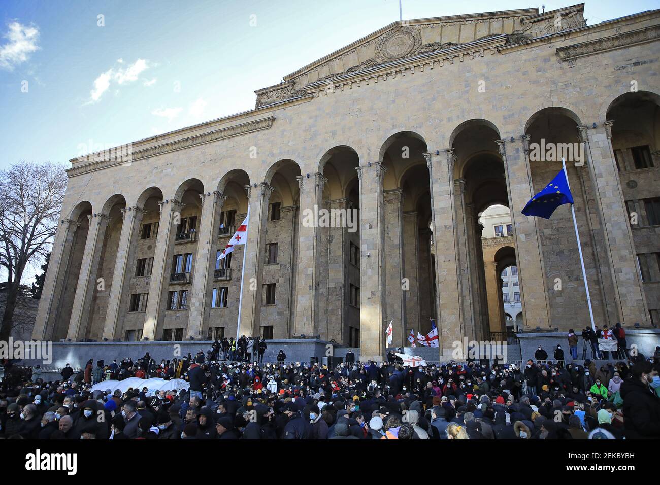 Tbilisi, Georgia. 23rd Feb, 2021. Participants in a rally in support of the  arrested opposition leader Nika Melia outside the Georgian Parliament. On  February 23, Melia was arrested by the Georgian Interior