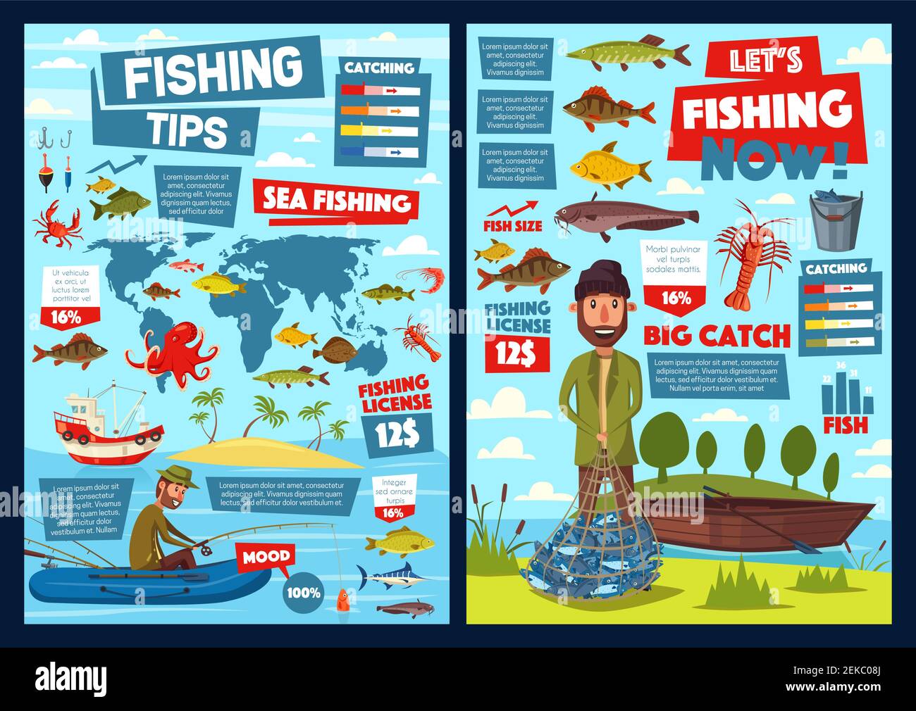 Fishing on world map and fisher equipment infographics. Vector statistics  on fish catch, fishery industry diagrams, river perch and pike, ocean  seafoo Stock Vector Image & Art - Alamy