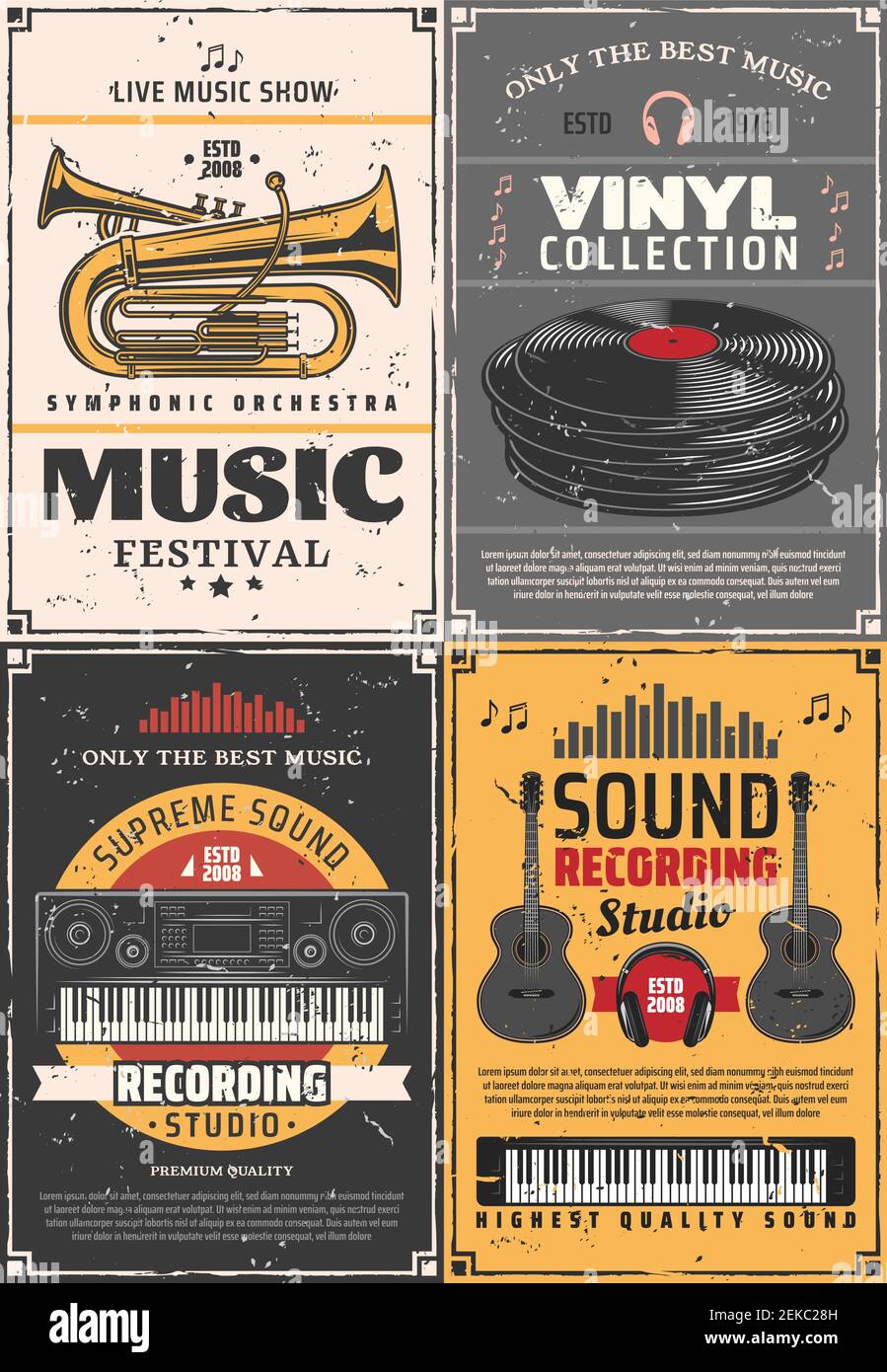 Music and sound recording studio, vinyl records shop and music festival vintage retro posters. Vector music band instruments, DJ headphones and jazz t Stock Vector
