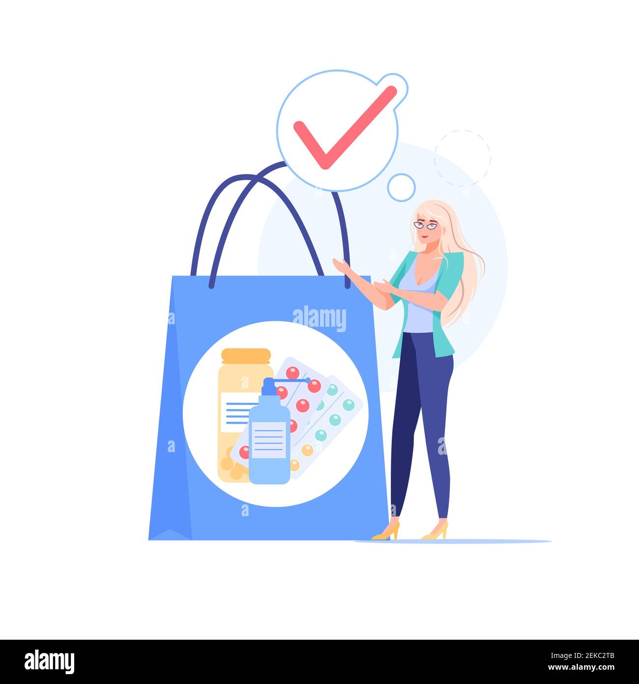 Flat cartoon girl character think about medications drugs,vector