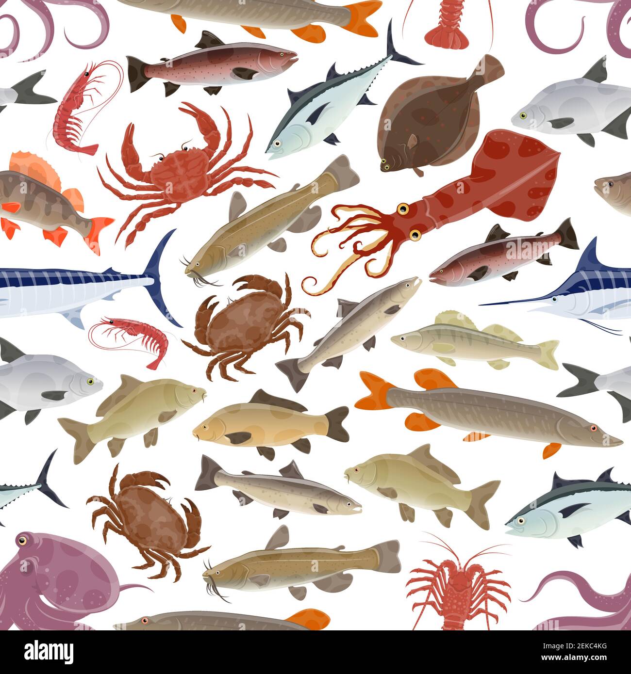 Seafood seamless pattern background with sea and ocean fish, marine animals  and mollusk. Vector crab, lobster and blue marlin, salmon, octopus and shr  Stock Vector Image & Art - Alamy