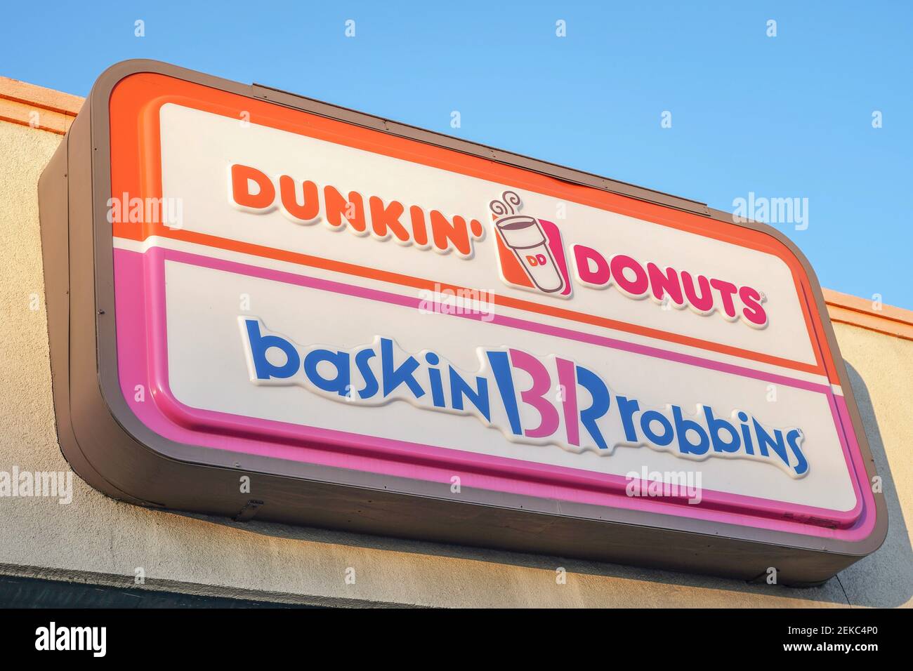 A view of Dunkin' Donuts and BaskinRobbins store logo. Company announced of permanently closing
