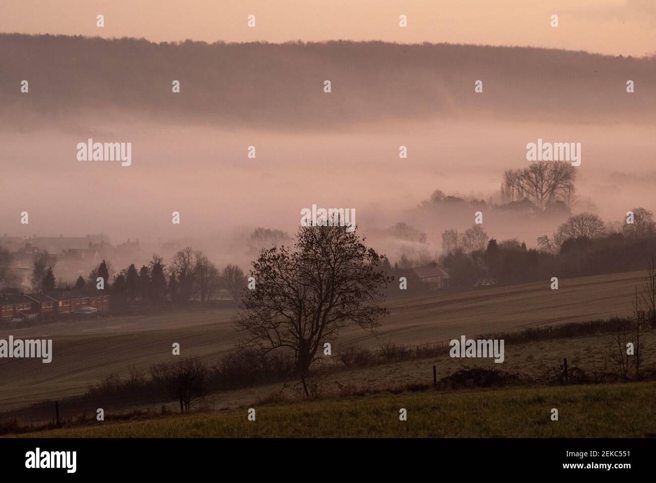 Misty winter sunrise over the village of Calverton, Nottinghamshire England UK Stock Photo Alamy
