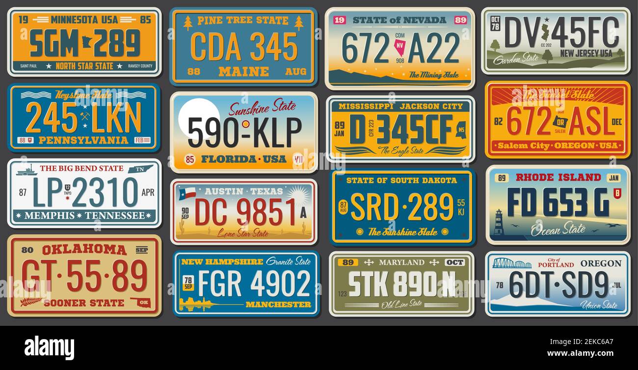 USA vehicle registration plates with state and city symbols. Vector American car number plates of Minnesota, Nevada and Maryland, Rhode Island or Memp Stock Vector