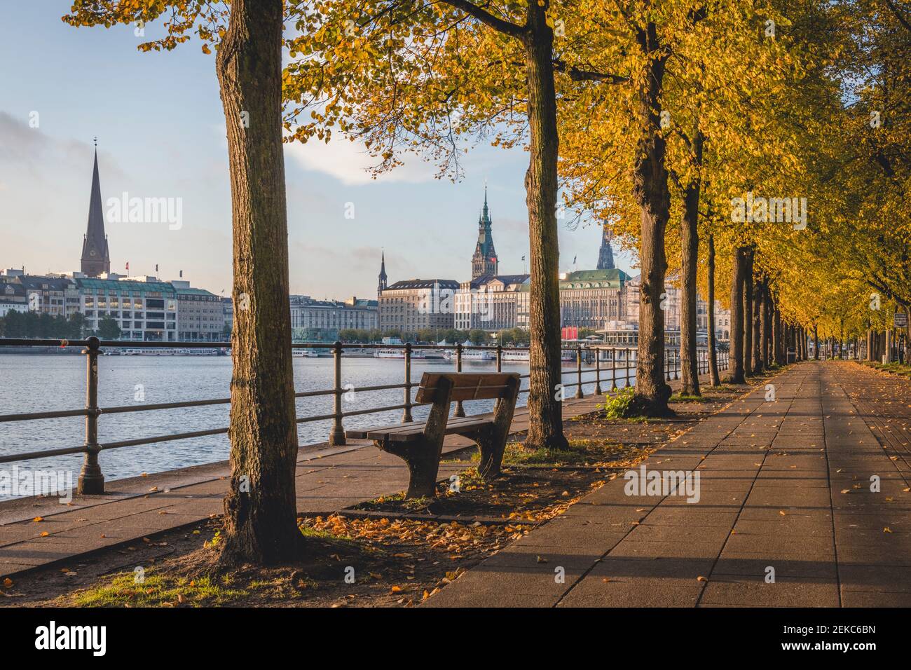 Germany, Hamburg, Neuen Jungfernstieg along Binnenalster lake and city centre in autumn Stock Photo