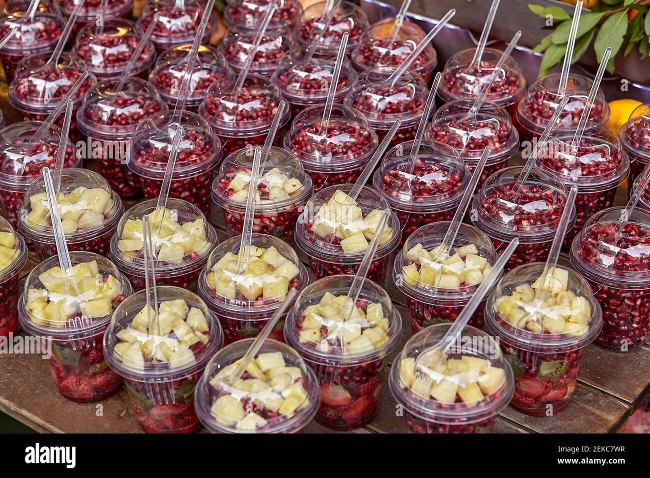 Fruit cocktails in plastic cups stand on shop counter Stock Photo Alamy