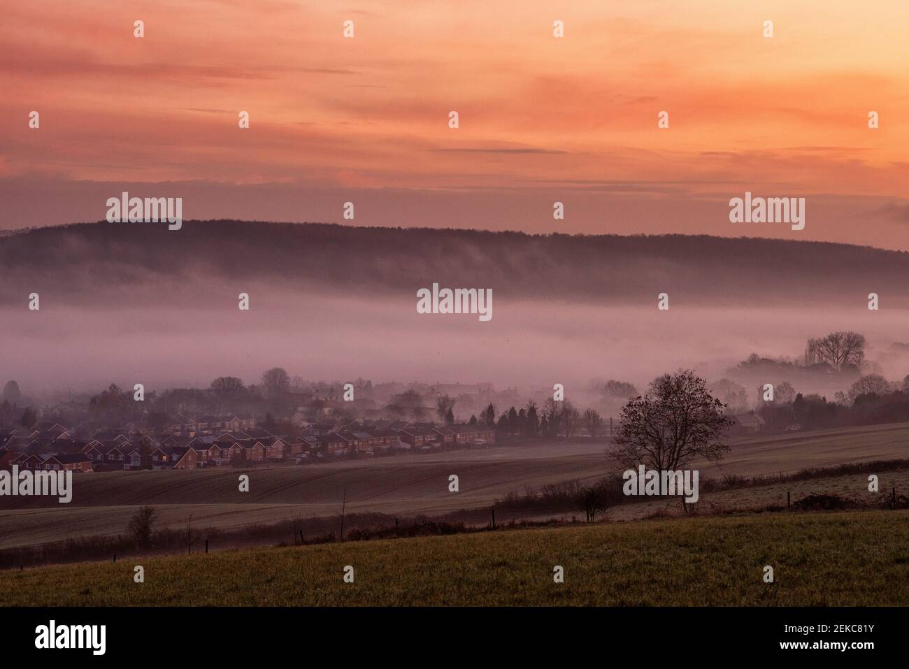 Misty winter sunrise over the village of Calverton, Nottinghamshire England UK Stock Photo Alamy