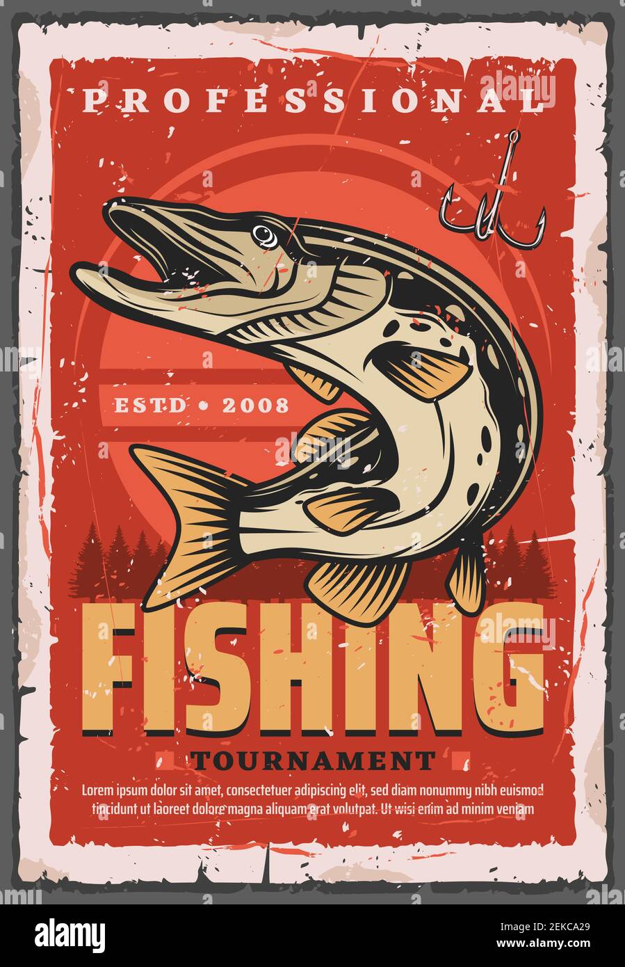Fishing sport tournament retro poster with vector fish, fisherman equipment  and tackle. Pike fish and fisher hook with forest trees on background. Spo  Stock Vector Image & Art - Alamy