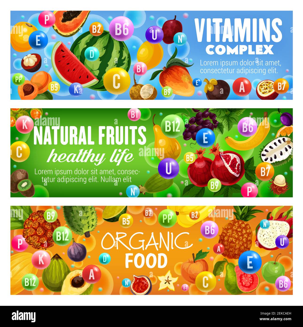Natural fruit vitamins complex vector banners of organic food design. Tropical berries of mango