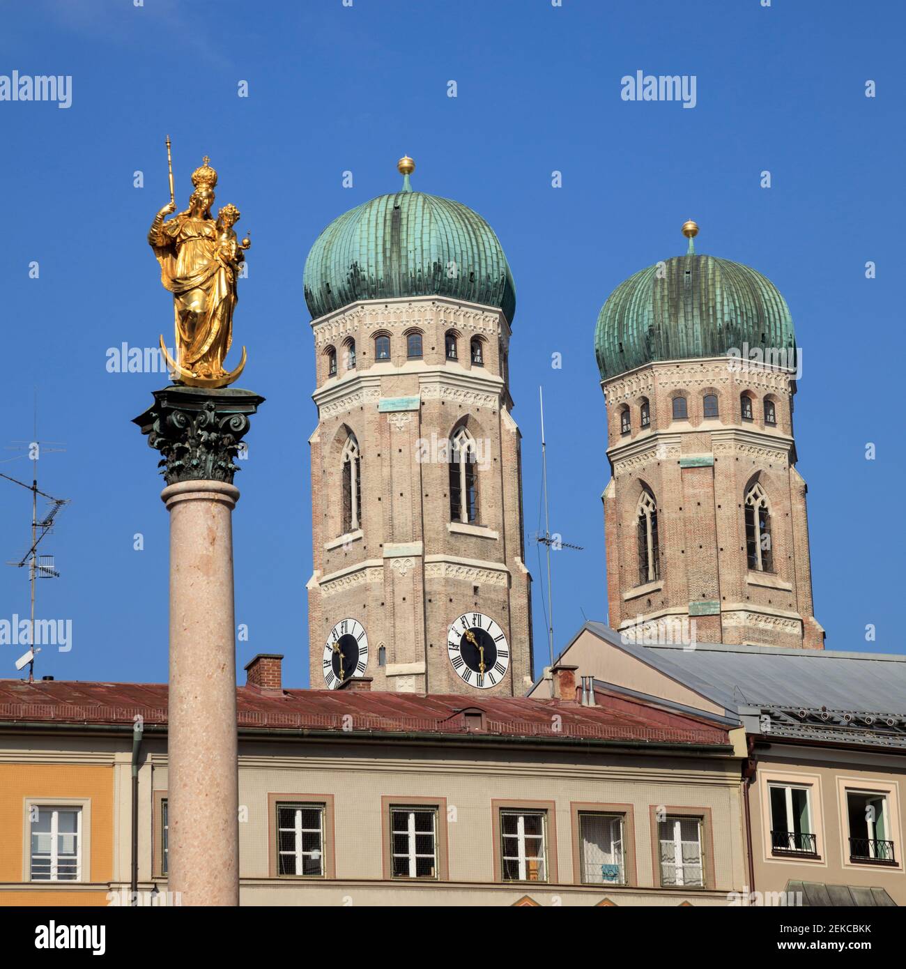 Germany, Bayern, Munich, Towers of Frauenkirche, Marian column Stock Photo